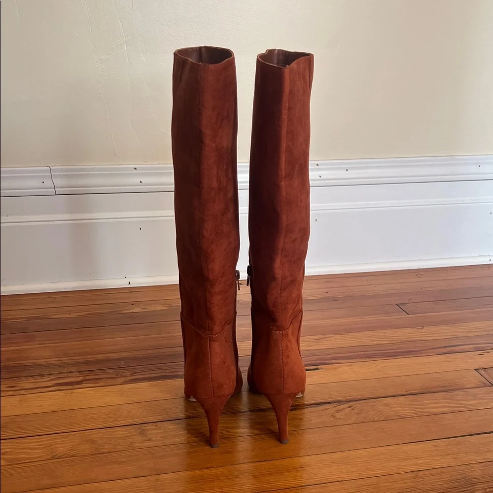 LOFT Chic Tipped Wanderweave Faux Suede Tall Heeled Boot Cognac Size 9 - Picture 7 of 12
